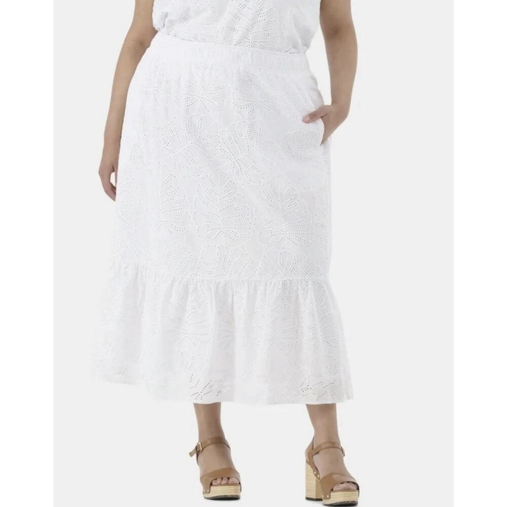 White Eyelet Midi Skirt 1X Tiered Cotton Boho Cottagecore Elastic Waist - Picture 6 of 11